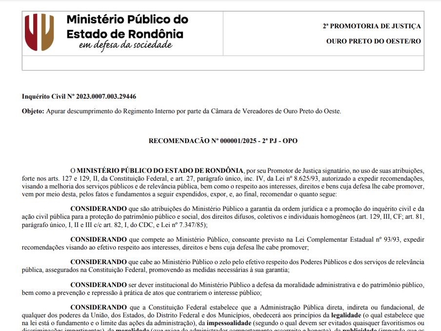 Recomendação Número 01 de 2025 do Ministério Público do Estado de Rondônia