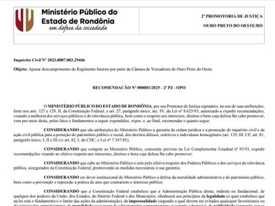 Recomendação Número 01 de 2025 do Ministério Público do Estado de Rondônia