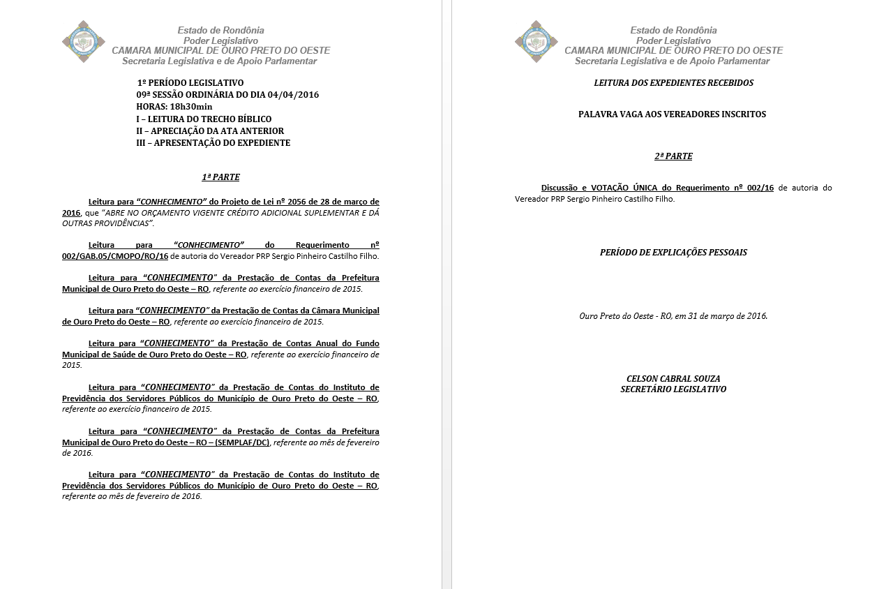 9ª Sessão Ordinária 2016 - 04/04/2016