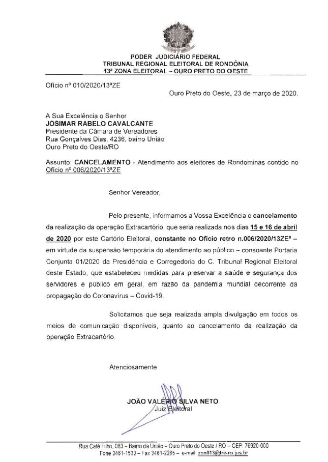 CANCELAMENTO - Atendimento aos eleitores de Rondominas