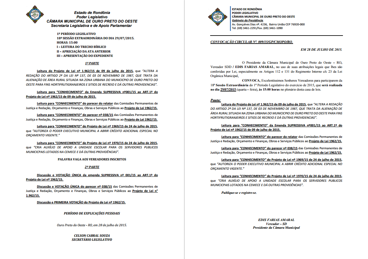 Convocação Circular Nº009/15 e 18ª Sessão Extraordinária