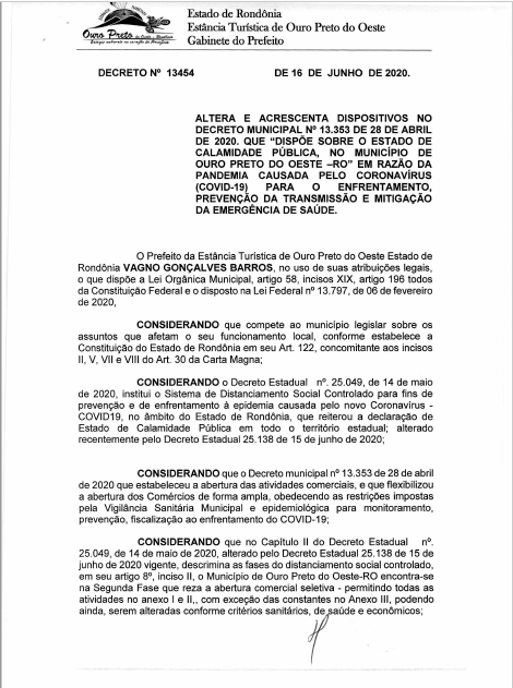 DECRETO N° 13.454 DE 16 DE JUNHO DE 2020.